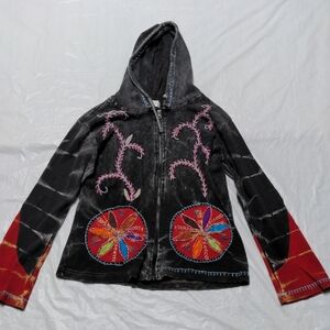 The Collective Royal Hippie Boho Tie Dye Embroidered Zip Up Hoodie Sweatshirt Md